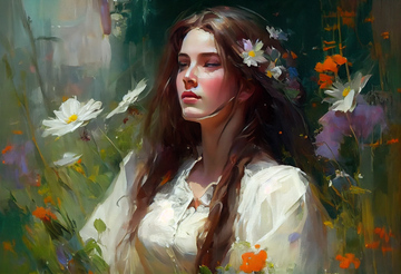 Ethereal Beauty: Lady in White Gown Adorned with Wildflowers - Oil Painting Print