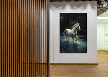 Glittering Brass Horse Galloping Through a Snow White River Background Under Floodlight