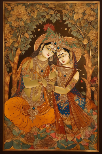 Divine Love in Golden Hue: The Enchanting Radha Krishna Print on Gold Leaf