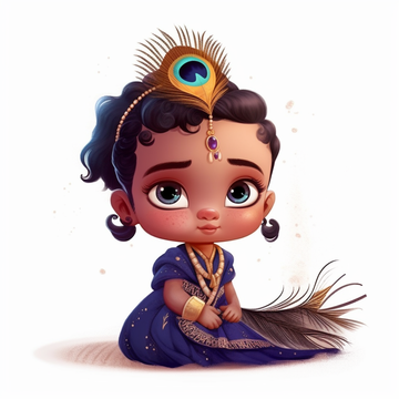 A Disney-style Baby Krishna Print in Traditional Indian Attire with Peacock Feather Accent on Forehead