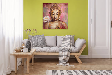 A Pink and Beige Portrait Print of Lord Buddha with White Lotus in Gold Leaf Oil Color