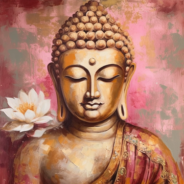 A Pink and Beige Portrait Print of Lord Buddha with White Lotus in Gold Leaf Oil Color