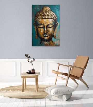 A Stunning Oil Color Side-Faced Print of Lord Buddha on Light Blue Background