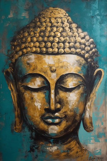 A Stunning Oil Color Side-Faced Print of Lord Buddha on Light Blue Background