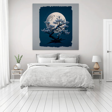Midnight Bloom: An Ink Art Print of a Cherry Blossom Tree in Blue on a Grey Background with a Moon