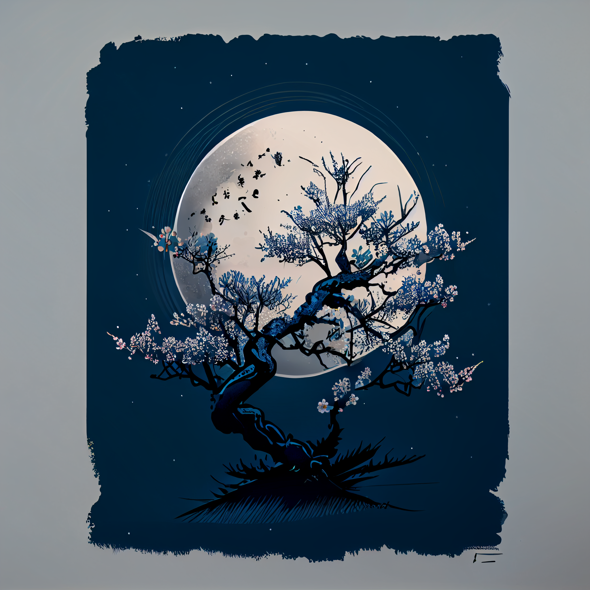Midnight Bloom: An Ink Art Print of a Cherry Blossom Tree in Blue on a Grey Background with a Moon