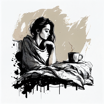 Cozy Mornings: Minimalist Ink Print of a Woman Enjoying Coffee in Bed