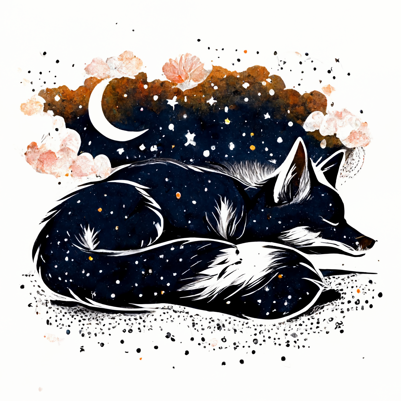 Ink Vector Painting Print of a Dreaming Fox Amidst a Starry Sky: An Anime Print Design