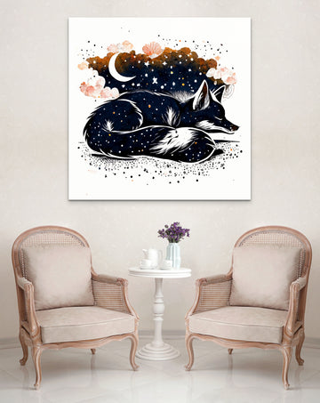 Ink Vector Painting Print of a Dreaming Fox Amidst a Starry Sky: An Anime Print Design