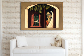 Window of Contemplation: A Kalighat Painting Print of a Woman Gazing Out