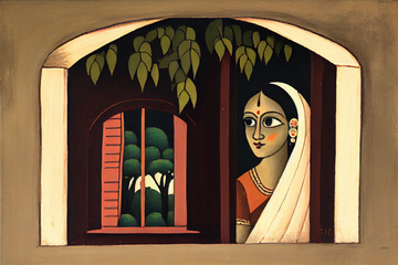 Window of Contemplation: A Kalighat Painting Print of a Woman Gazing Out