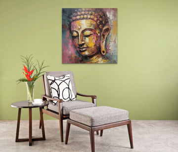 Divine Serenity: Side-Faced Buddha Knife Art Print in Mustard & Pink Oil Colors