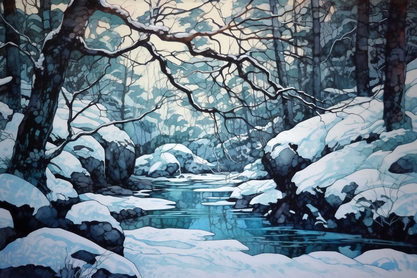 Snowy Serenity Print: A Captivating Painting of a Snow-Covered Forest