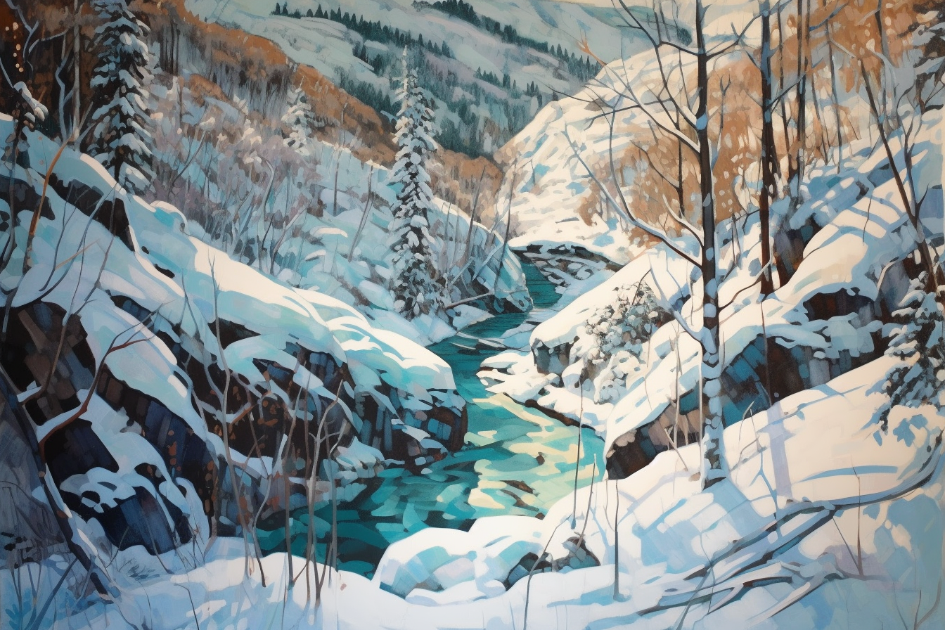 Serene Winter Wonderland: A Stunning Acrylic Color Art Print of a Snow Covered Valley