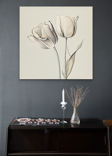Minimalist Tulips Print: Grey Line Art Print on Dusty White Background