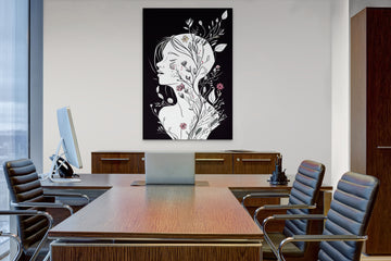 Flower Print: A Captivating Line Art of a Woman Fashioned from Delicate Flowers on a Striking Black Background