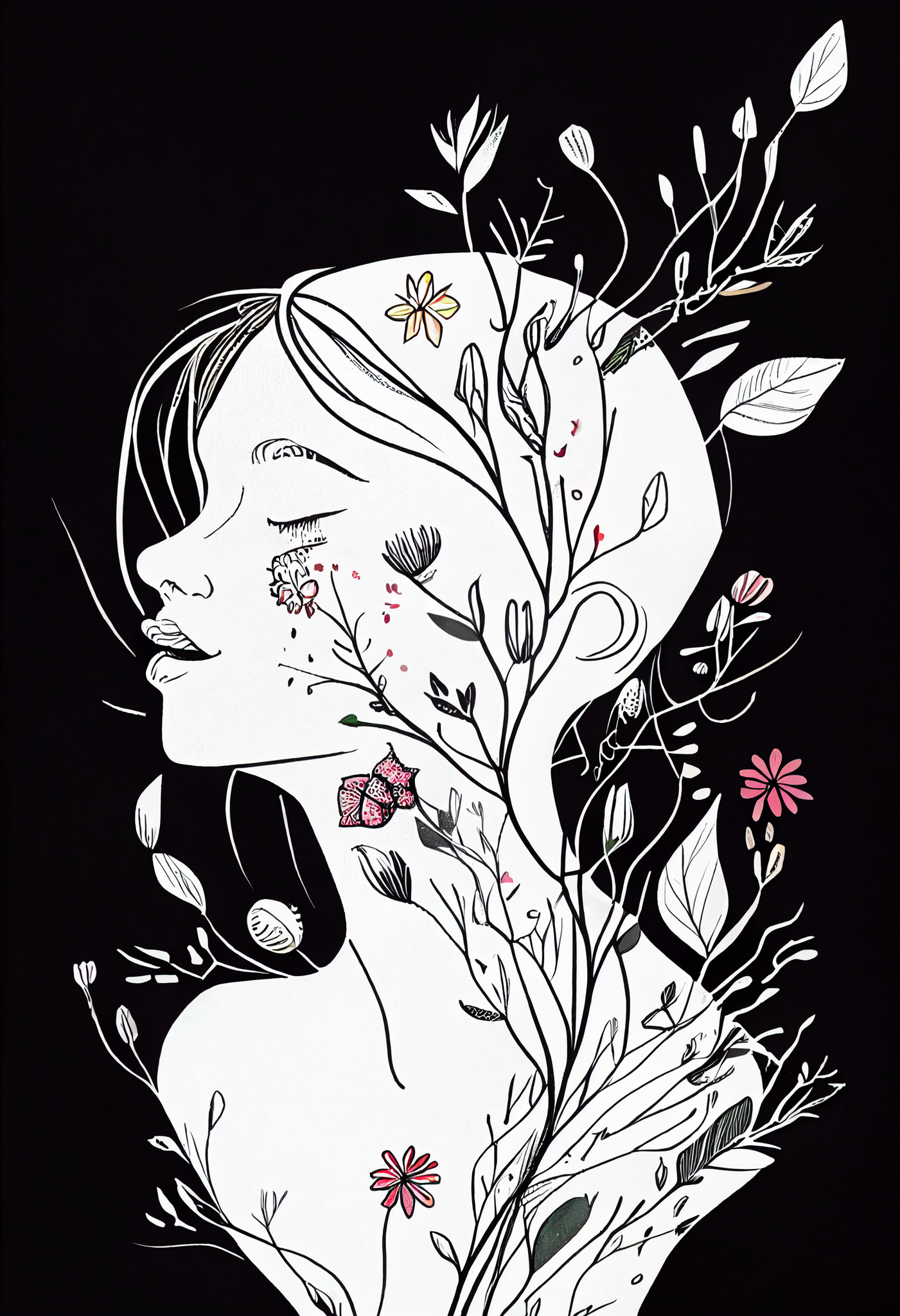 Flower Print: A Captivating Line Art of a Woman Fashioned from Delicate Flowers on a Striking Black Background