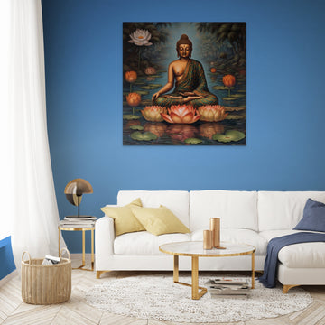A Beautiful Print of Lord Buddha Meditating Amidst a Pond of Lotus