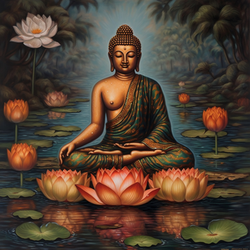 A Beautiful Print of Lord Buddha Meditating Amidst a Pond of Lotus