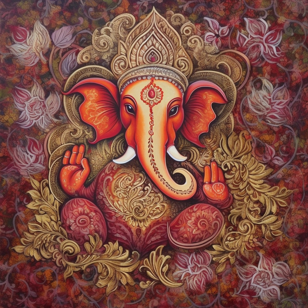 A Crimson and Yellow Damask Pattern Acrylic Color Painting Print of Lord Ganesha in Springtime
