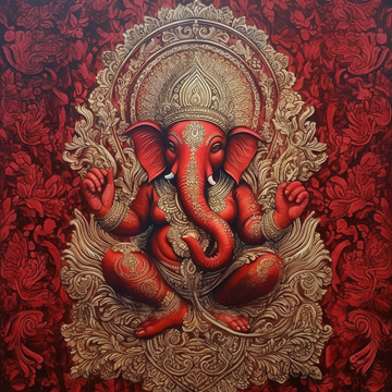 Springtime Splendor: A Crimson Damask Ganesha Acrylic Color Painting Print