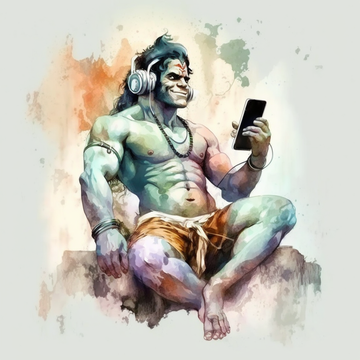 "Add a Touch of Modern Hindu Culture with Our Lord Hanuman Art Print Listening to Music"