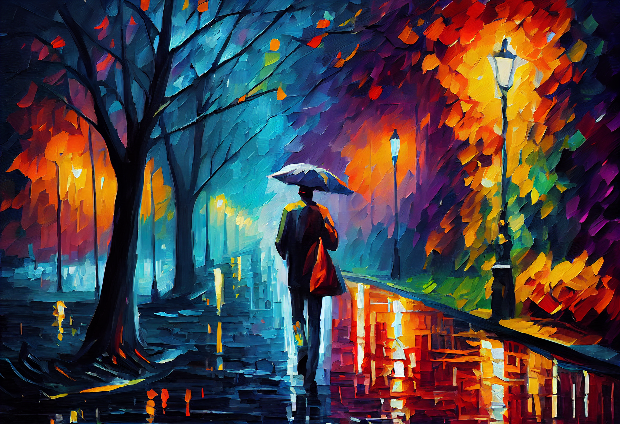 Rainy Night Park Walk Print: Man Strolling Under Umbrella in the City