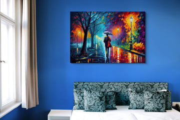 Rainy Night Park Walk Print: Man Strolling Under Umbrella in the City