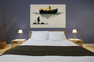 Solitude at Sea: A Minimalistic Art Print of a Boat and a Lone Figure, Perfect for Modern and Serene Wall Decor