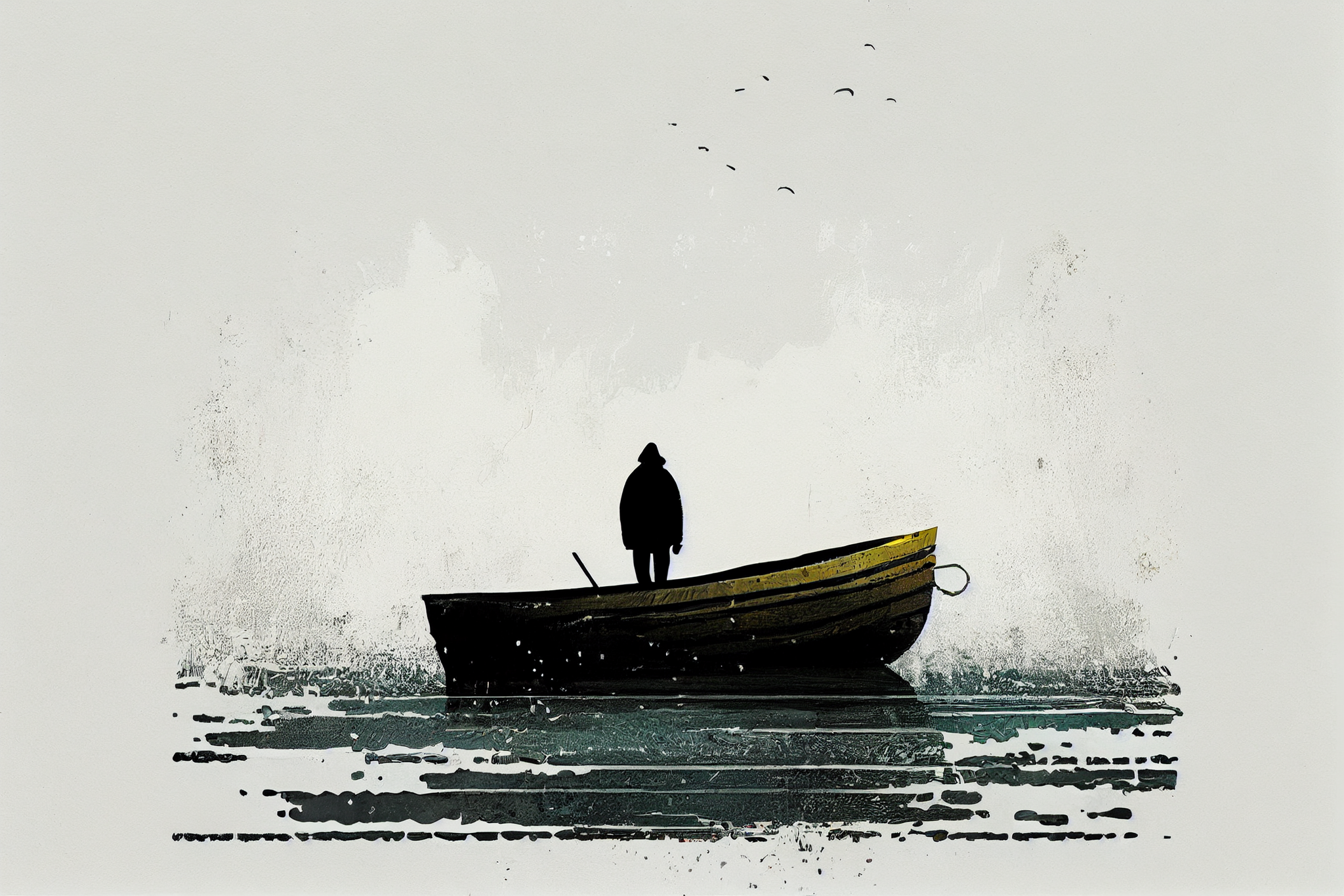 Tranquil Waters: A Minimalistic Art Print of a Fisherman with His Boat