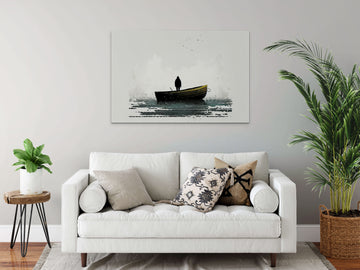 Tranquil Waters: A Minimalistic Art Print of a Fisherman with His Boat