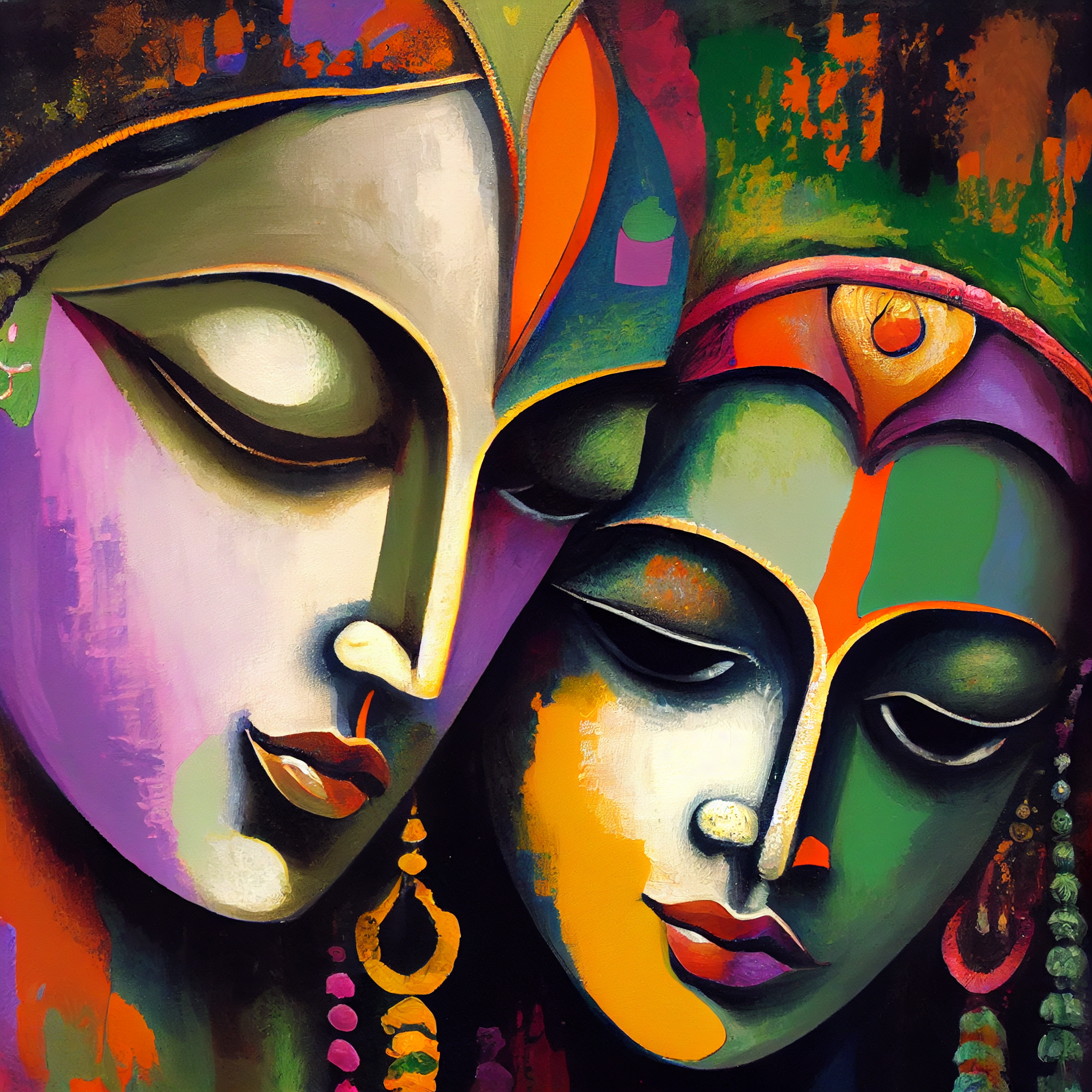 Divine Love in Vibrant Hues: A Modern Oil Painting Print of Radha Krishna in Purple, Green, Red, and Yellow
