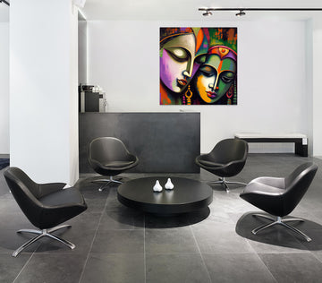 Divine Love in Vibrant Hues: A Modern Oil Painting Print of Radha Krishna in Purple, Green, Red, and Yellow