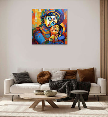 A Beautiful Modern Acrylic Print of Baby Krishna and Mother Yashoda in Vibrant Hues