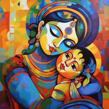 A Beautiful Modern Acrylic Print of Baby Krishna and Mother Yashoda in Vibrant Hues
