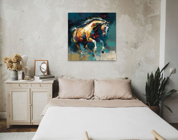 A Modern Acrylic Color Print of a Running Horse in Contrasting Hues