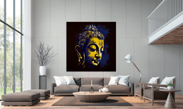 Enlightened Expression: Contemporary Airbrushed Print of Lord Buddha's Face in Mustard and Navy