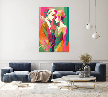 Loving Embrace: A Modern Art Print of a Couple in Lime and Pink
