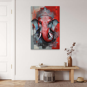A Divine Modern Art Print of Lord Ganesha in Red and Grey Hues