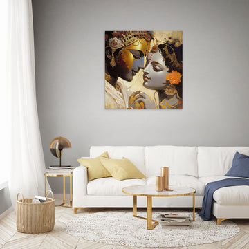 Radiant Love: A Modern Art Print of Radha Krishna in a Colorful Golden Embrace