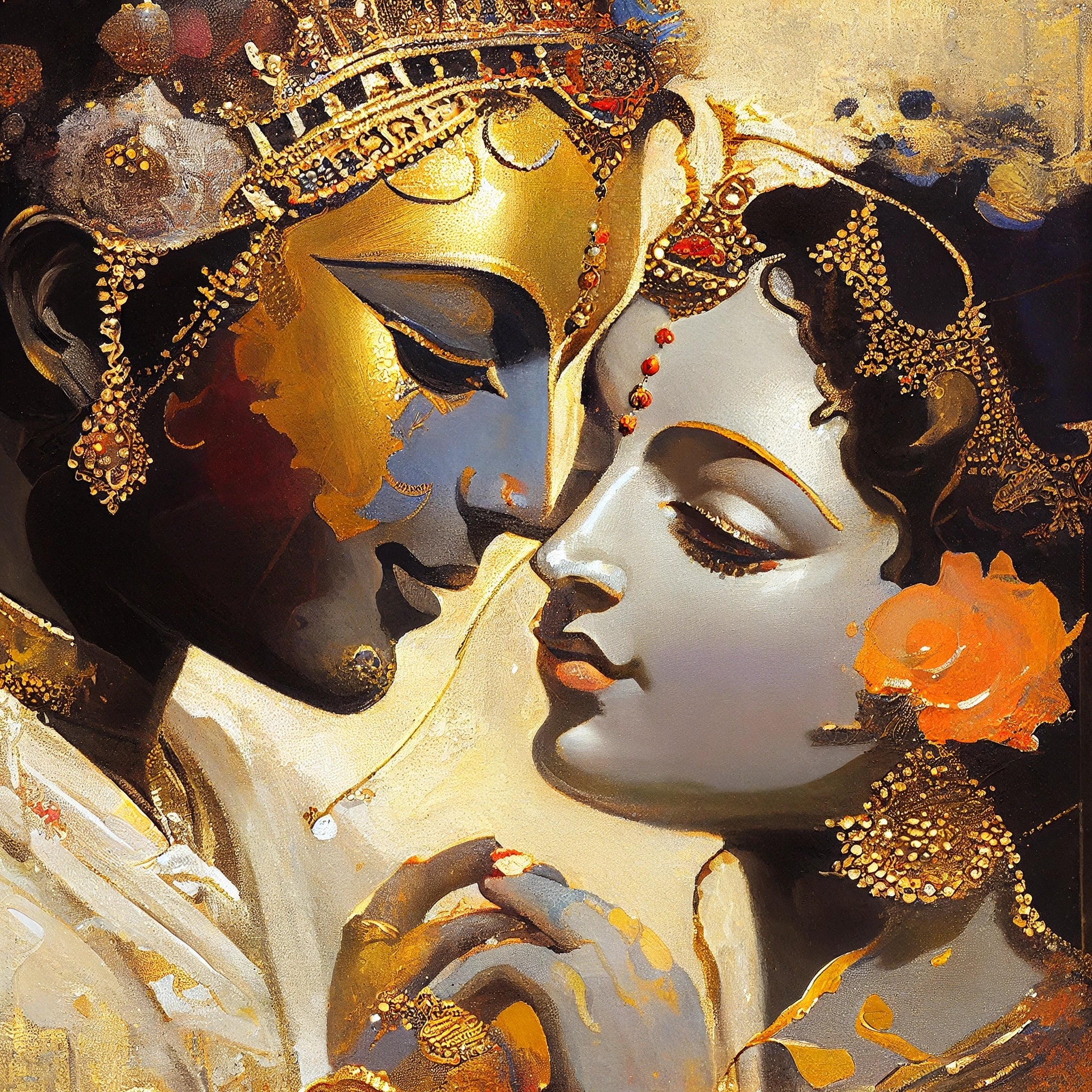 Radiant Love: A Modern Art Print of Radha Krishna in a Colorful Golden Embrace