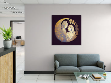 Divine Romance: Modern Art Print of Radha Krishna in Pastel Colors and Gold Leaf Detailing on a Violet Background