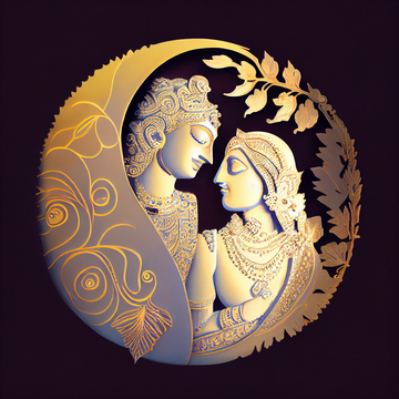 Divine Romance: Modern Art Print of Radha Krishna in Pastel Colors and Gold Leaf Detailing on a Violet Background