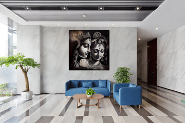 Eternal Love: Monochromatic Oil Color Print of Radha Krishna in a Dreamy, Shimmering Light