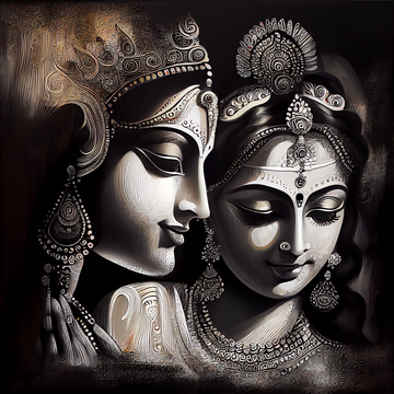 Eternal Love: Monochromatic Oil Color Print of Radha Krishna in a Dreamy, Shimmering Light