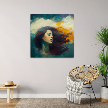 Unleashing Imagination: Modern Oil Painting Print of a Dreaming Woman with Flowing Hair and No Facial Features