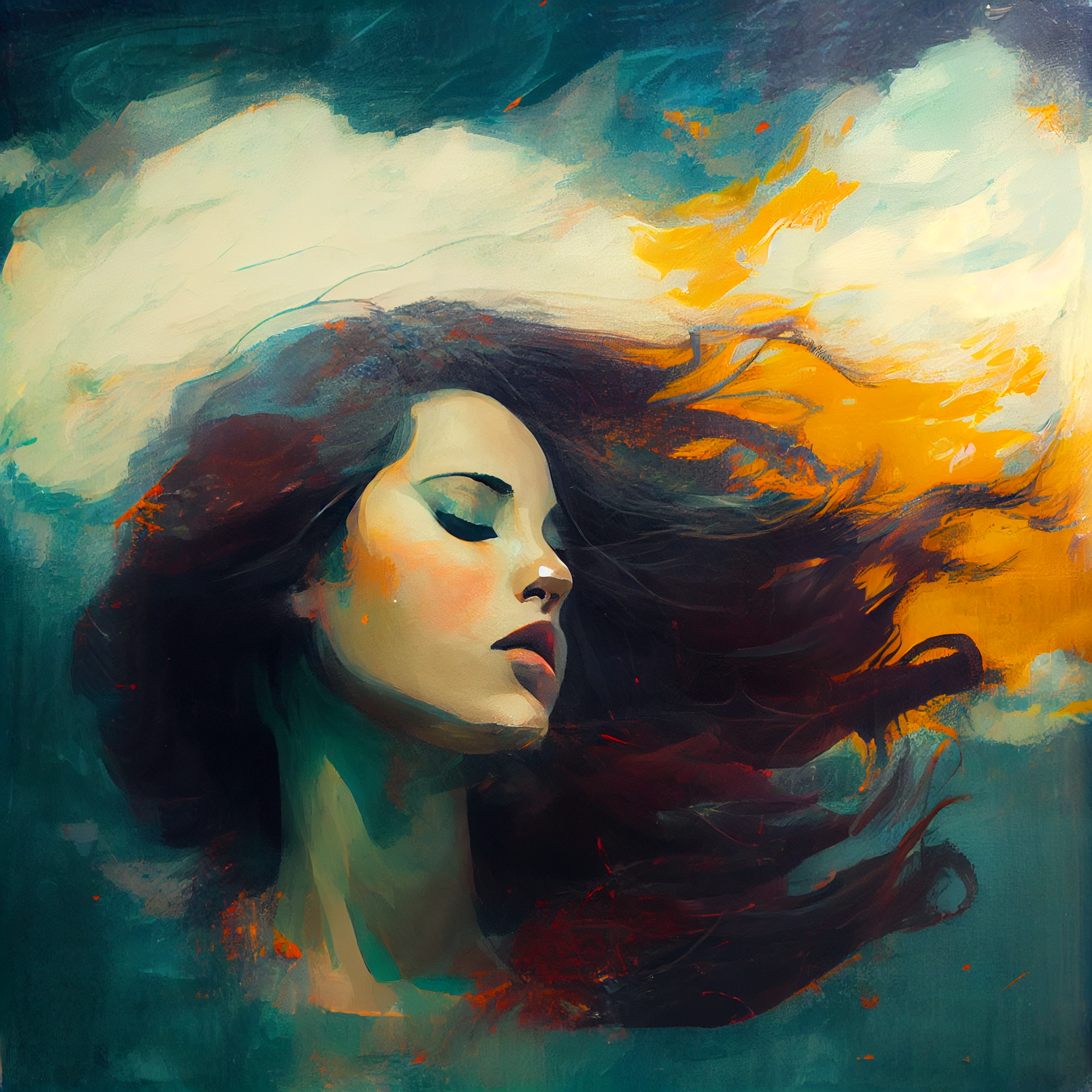Unleashing Imagination: Modern Oil Painting Print of a Dreaming Woman with Flowing Hair and No Facial Features