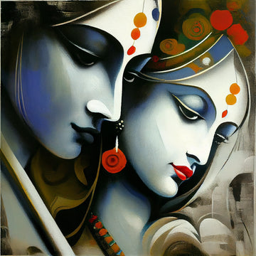 Divine Romance: Radha Krishna in Modern Oil Color Print with Pastel Black and White Tones