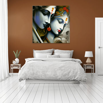 Divine Romance: Radha Krishna in Modern Oil Color Print with Pastel Black and White Tones