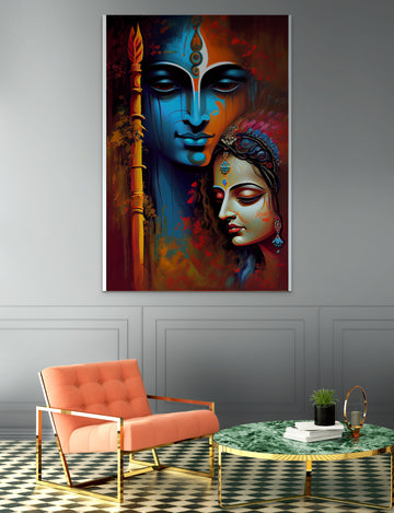 Divine Embrace: A Contemporary Oil Color Print of Radha Krishna's Faces.